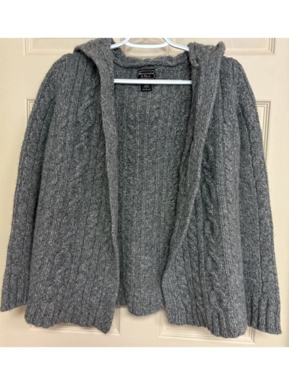 Abercrombie & Fitch Y2K Hooded Cardigan Merino Wool Cable Knit Gray Sweater L